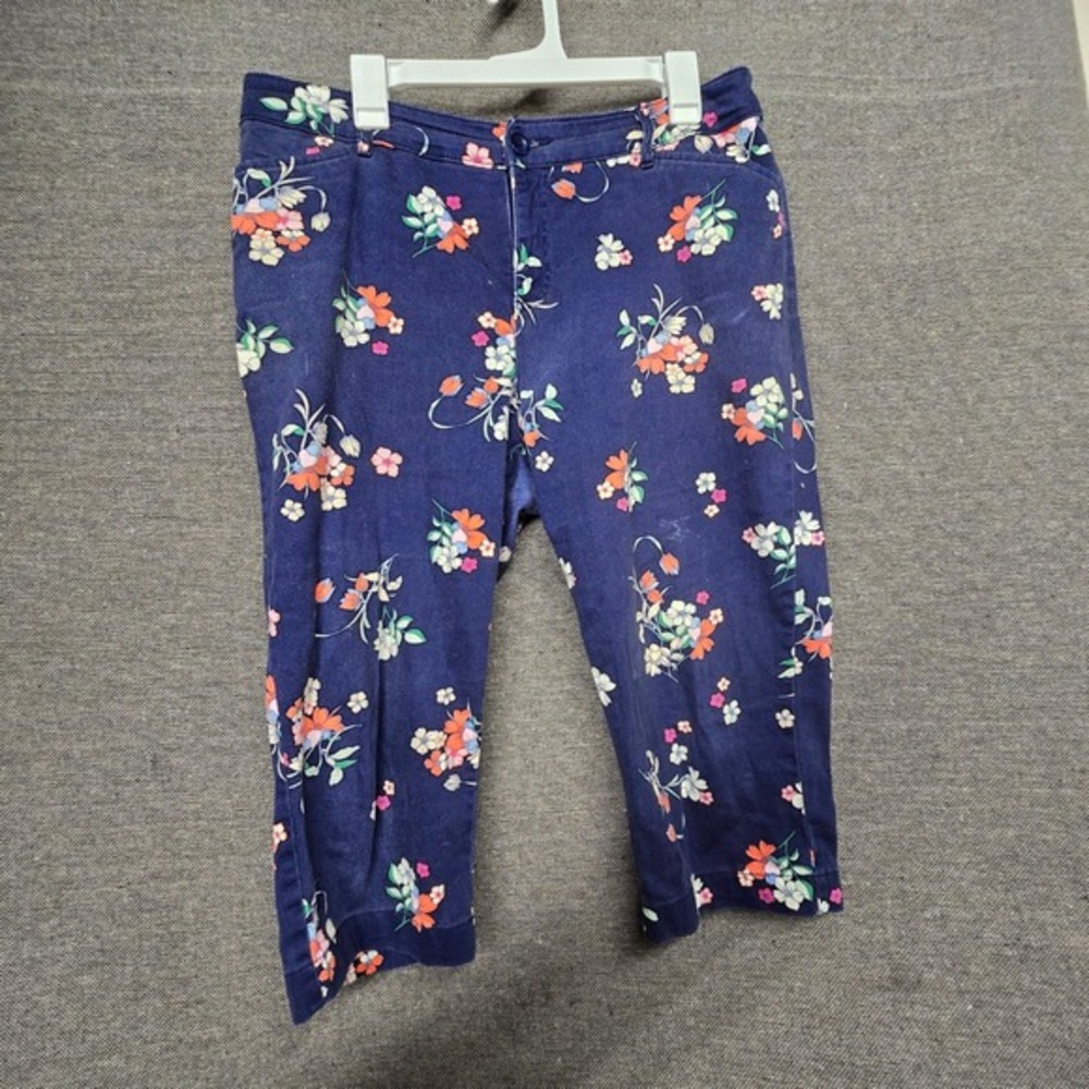 St Johns Bay Womens Navy Blue Floral Crop Pants‎ Size 14 Straight Leg Mid Rise